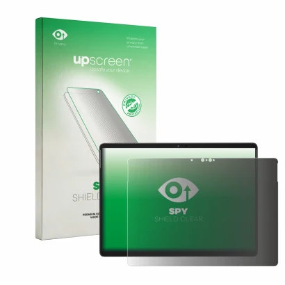 Parte frontal de un envase de producto con el logotipo de la marca upscreen. Al lado se muestra el dispositivo Chuwi Hi10 Max