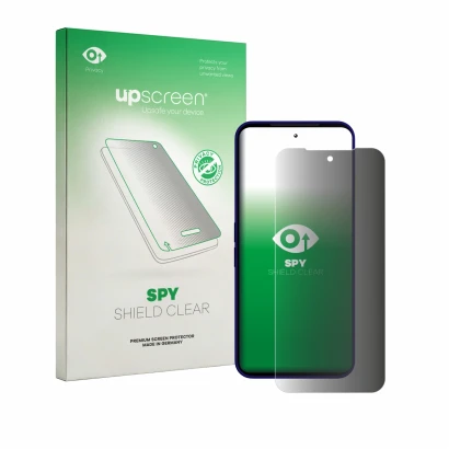 Parte frontal de un envase de producto con el logotipo de la marca upscreen. Al lado se muestra el dispositivo Fairphone 6 Plu