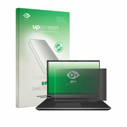 Parte frontal de un envase de producto con el logotipo de la marca upscreen. Al lado se muestra el dispositivo Schenker KEY 18
