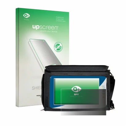 Parte frontal de un envase de producto con el logotipo de la marca upscreen. Al lado se muestra el dispositivo Rover EXA 9 con