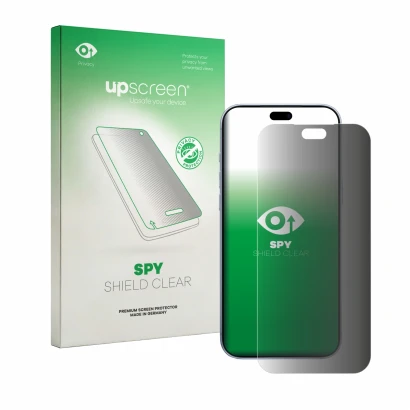 Parte frontal de un envase de producto con el logotipo de la marca upscreen. Al lado se muestra el dispositivo Apple iPhone 18