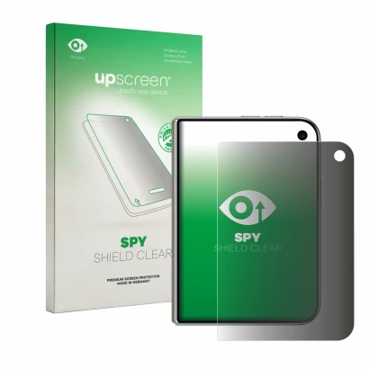 Parte frontal de un envase de producto con el logotipo de la marca upscreen. Al lado se muestra el dispositivo Apple iPhone Du