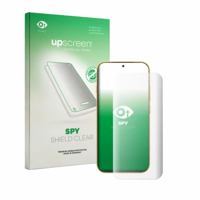 Parte frontal de un envase de producto con el logotipo de la marca upscreen. Al lado se muestra el dispositivo Honor Magic 9 c