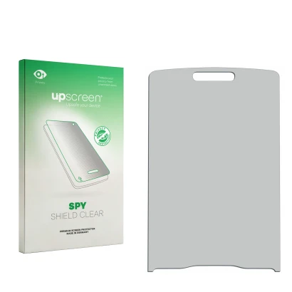 Parte frontal de un envase de producto con el logotipo de la marca upscreen. Al lado está el protector de pantalla correspondi