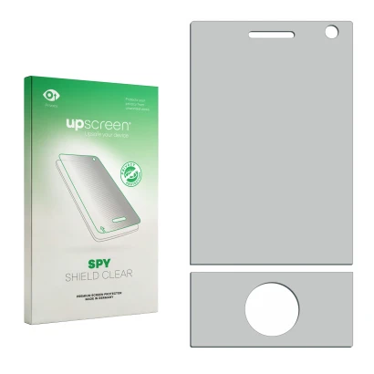 Parte frontal de un envase de producto con el logotipo de la marca upscreen. Al lado está el protector de pantalla correspondi