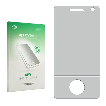 Parte frontal de un envase de producto con el logotipo de la marca upscreen. Al lado está el protector de pantalla correspondi