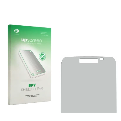 Parte frontal de un envase de producto con el logotipo de la marca upscreen. Al lado está el protector de pantalla correspondi