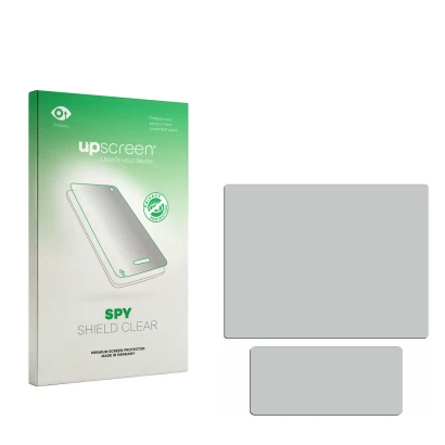 Parte frontal de un envase de producto con el logotipo de la marca upscreen. Al lado está el protector de pantalla correspondi