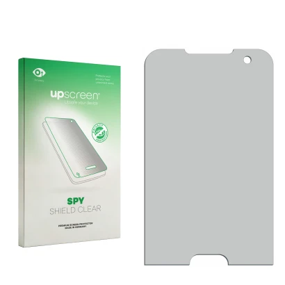 Parte frontal de un envase de producto con el logotipo de la marca upscreen. Al lado está el protector de pantalla correspondi