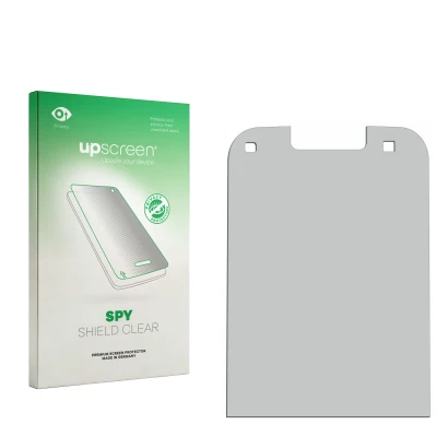 Parte frontal de un envase de producto con el logotipo de la marca upscreen. Al lado está el protector de pantalla correspondi