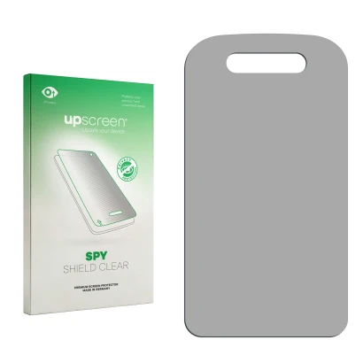 Parte frontal de un envase de producto con el logotipo de la marca upscreen. Al lado está el protector de pantalla correspondi