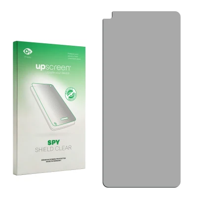 Parte frontal de un envase de producto con el logotipo de la marca upscreen. Al lado está el protector de pantalla correspondi