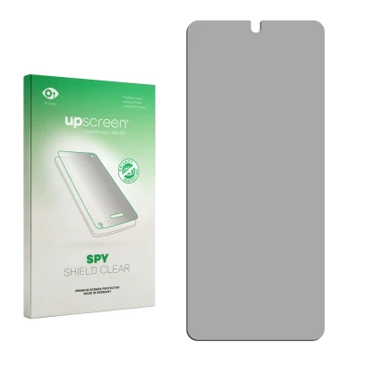 Parte frontal de un envase de producto con el logotipo de la marca upscreen. Al lado está el protector de pantalla correspondi