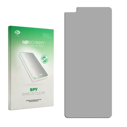 Parte frontal de un envase de producto con el logotipo de la marca upscreen. Al lado está el protector de pantalla correspondi