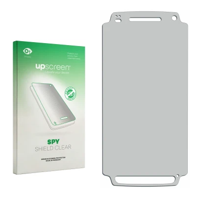 Parte frontal de un envase de producto con el logotipo de la marca upscreen. Al lado está el protector de pantalla correspondi