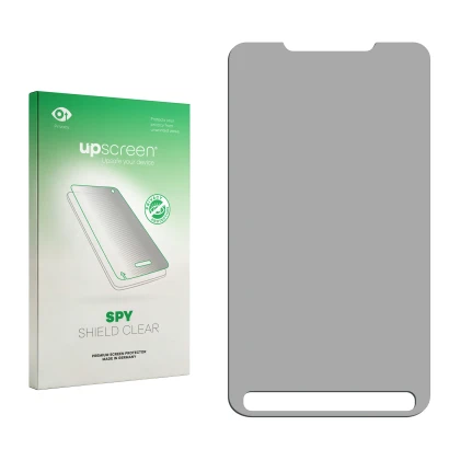 Parte frontal de un envase de producto con el logotipo de la marca upscreen. Al lado está el protector de pantalla correspondi