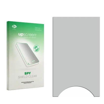 Parte frontal de un envase de producto con el logotipo de la marca upscreen. Al lado está el protector de pantalla correspondi