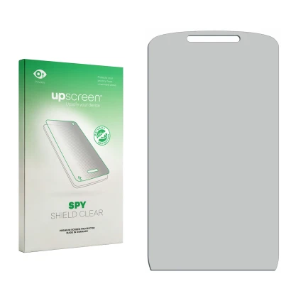 Parte frontal de un envase de producto con el logotipo de la marca upscreen. Al lado está el protector de pantalla correspondi