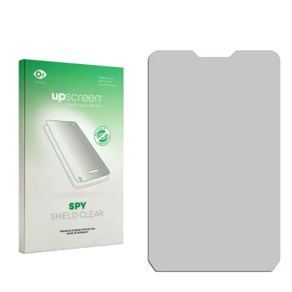 Parte frontal de un envase de producto con el logotipo de la marca upscreen. Al lado está el protector de pantalla correspondi