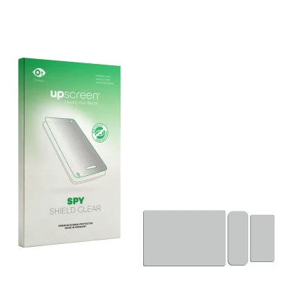 Parte frontal de un envase de producto con el logotipo de la marca upscreen. Al lado está el protector de pantalla correspondi