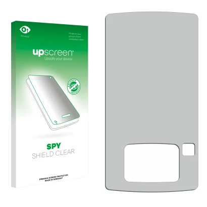 Parte frontal de un envase de producto con el logotipo de la marca upscreen. Al lado está el protector de pantalla correspondi