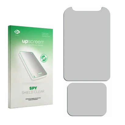 Parte frontal de un envase de producto con el logotipo de la marca upscreen. Al lado está el protector de pantalla correspondi