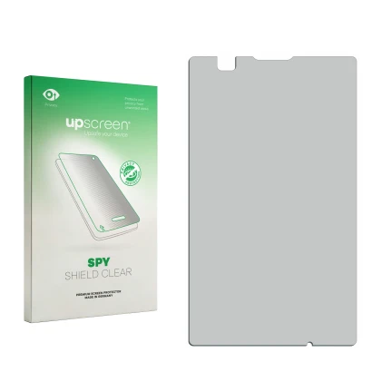 Parte frontal de un envase de producto con el logotipo de la marca upscreen. Al lado está el protector de pantalla correspondi