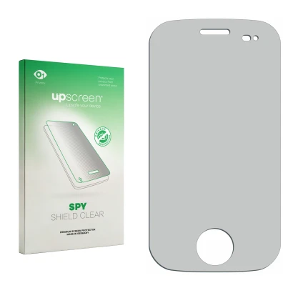 Parte frontal de un envase de producto con el logotipo de la marca upscreen. Al lado está el protector de pantalla correspondi