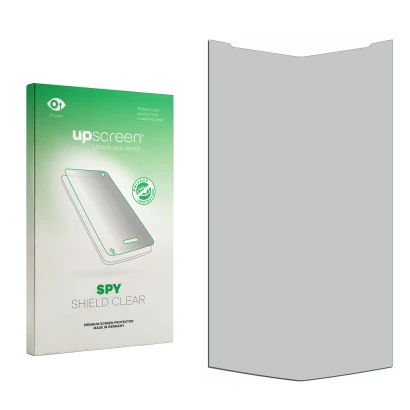 Parte frontal de un envase de producto con el logotipo de la marca upscreen. Al lado está el protector de pantalla correspondi