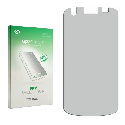 Parte frontal de un envase de producto con el logotipo de la marca upscreen. Al lado está el protector de pantalla correspondi