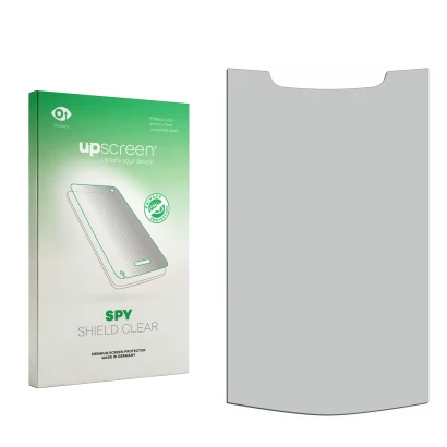 Parte frontal de un envase de producto con el logotipo de la marca upscreen. Al lado está el protector de pantalla correspondi