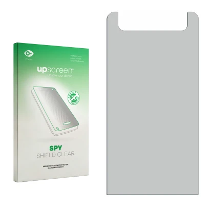 Parte frontal de un envase de producto con el logotipo de la marca upscreen. Al lado está el protector de pantalla correspondi