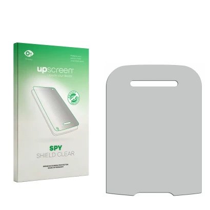 Parte frontal de un envase de producto con el logotipo de la marca upscreen. Al lado está el protector de pantalla correspondi