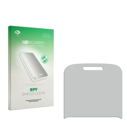 Parte frontal de un envase de producto con el logotipo de la marca upscreen. Al lado está el protector de pantalla correspondi