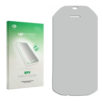 Parte frontal de un envase de producto con el logotipo de la marca upscreen. Al lado está el protector de pantalla correspondi