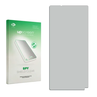 Parte frontal de un envase de producto con el logotipo de la marca upscreen. Al lado está el protector de pantalla correspondi