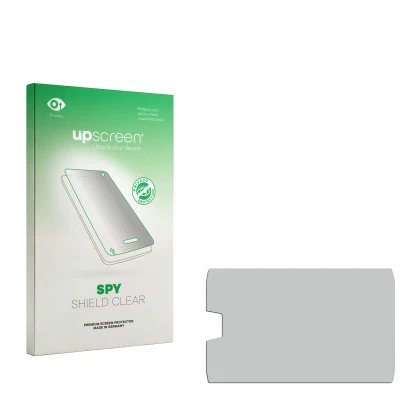Parte frontal de un envase de producto con el logotipo de la marca upscreen. Al lado está el protector de pantalla correspondi