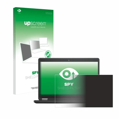 Parte frontal de un envase de producto con el logotipo de la marca upscreen. Al lado se muestra el dispositivo Dell Latitude 1