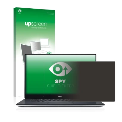 Parte frontal de un envase de producto con el logotipo de la marca upscreen. Al lado se muestra el dispositivo Dell XPS 15 956