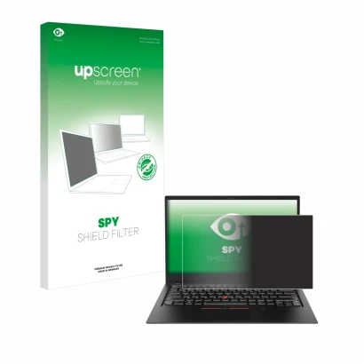 Parte frontal de un envase de producto con el logotipo de la marca upscreen. Al lado se muestra el dispositivo Lenovo ThinkPad