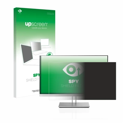 Parte frontal de un envase de producto con el logotipo de la marca upscreen. Al lado se muestra el dispositivo HP EliteDisplay