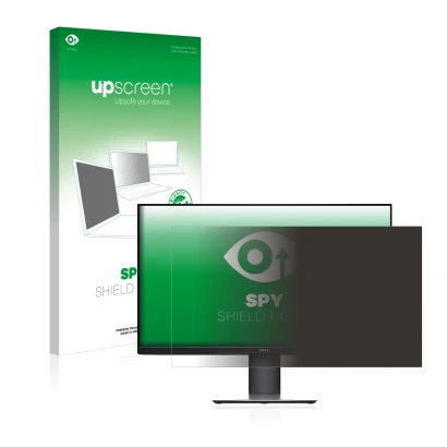 Parte frontal de un envase de producto con el logotipo de la marca upscreen. Al lado se muestra el dispositivo Dell P2719H con