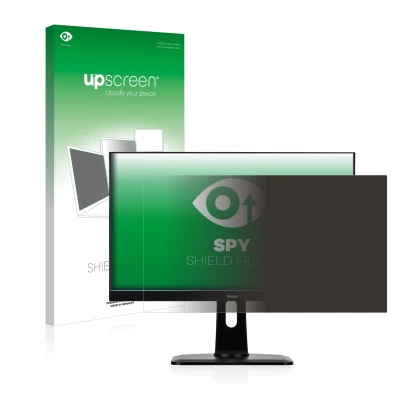 Parte frontal de un envase de producto con el logotipo de la marca upscreen. Al lado se muestra el dispositivo Iiyama ProLite 