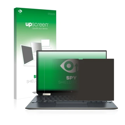 Parte frontal de un envase de producto con el logotipo de la marca upscreen. Al lado se muestra el dispositivo HP Spectre x360