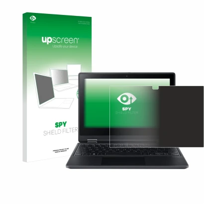 Parte frontal de un envase de producto con el logotipo de la marca upscreen. Al lado se muestra el dispositivo Acer TravelMate