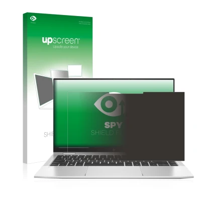 Parte frontal de un envase de producto con el logotipo de la marca upscreen. Al lado se muestra el dispositivo HP Elitebook x3