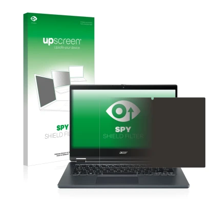 Parte frontal de un envase de producto con el logotipo de la marca upscreen. Al lado se muestra el dispositivo Acer TravelMate