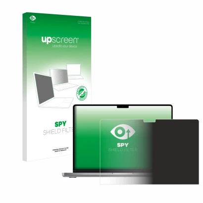 Parte frontal de un envase de producto con el logotipo de la marca upscreen. Al lado se muestra el dispositivo Apple MacBook P