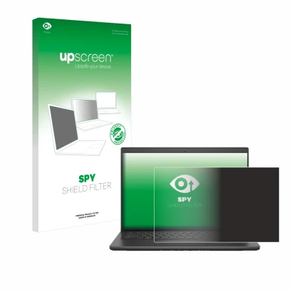 Parte frontal de un envase de producto con el logotipo de la marca upscreen. Al lado se muestra el dispositivo Dell Latitude 3
