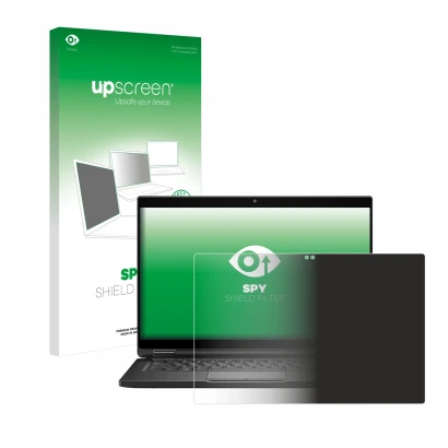 Parte frontal de un envase de producto con el logotipo de la marca upscreen. Al lado se muestra el dispositivo Dell Latitude 7